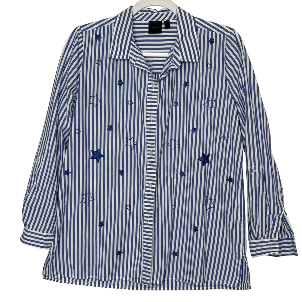 Rafaella Stars & Stripes Button Down Blouse M Blue White Patriotic Americana